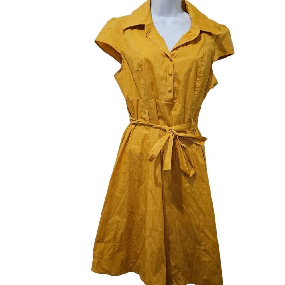 Tropical Wear Shirt Dress Womens Size M Yellow Gold Tie Belt Retro Stretch